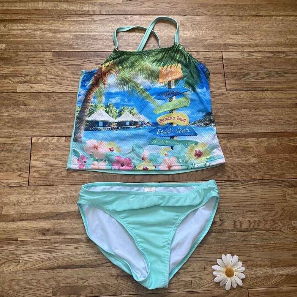 OP Ocean Pacific Mint & Multi-Color Mesh Hawaiian Tankini Swim Top And Bottoms X